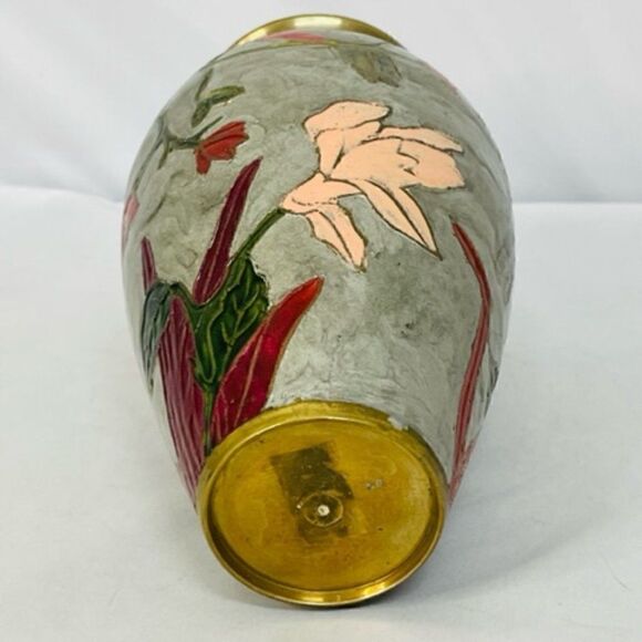 chinese cloisonne brass enamel Vase Gray Floral Birds 7.5" Very Good condition - - Picture 6 of 7